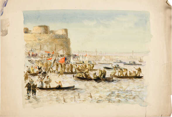 Ец Иосиф Михайлович. Лот из двух предметов: оригинал и литография «Вступление Красной армии в Аккерман»